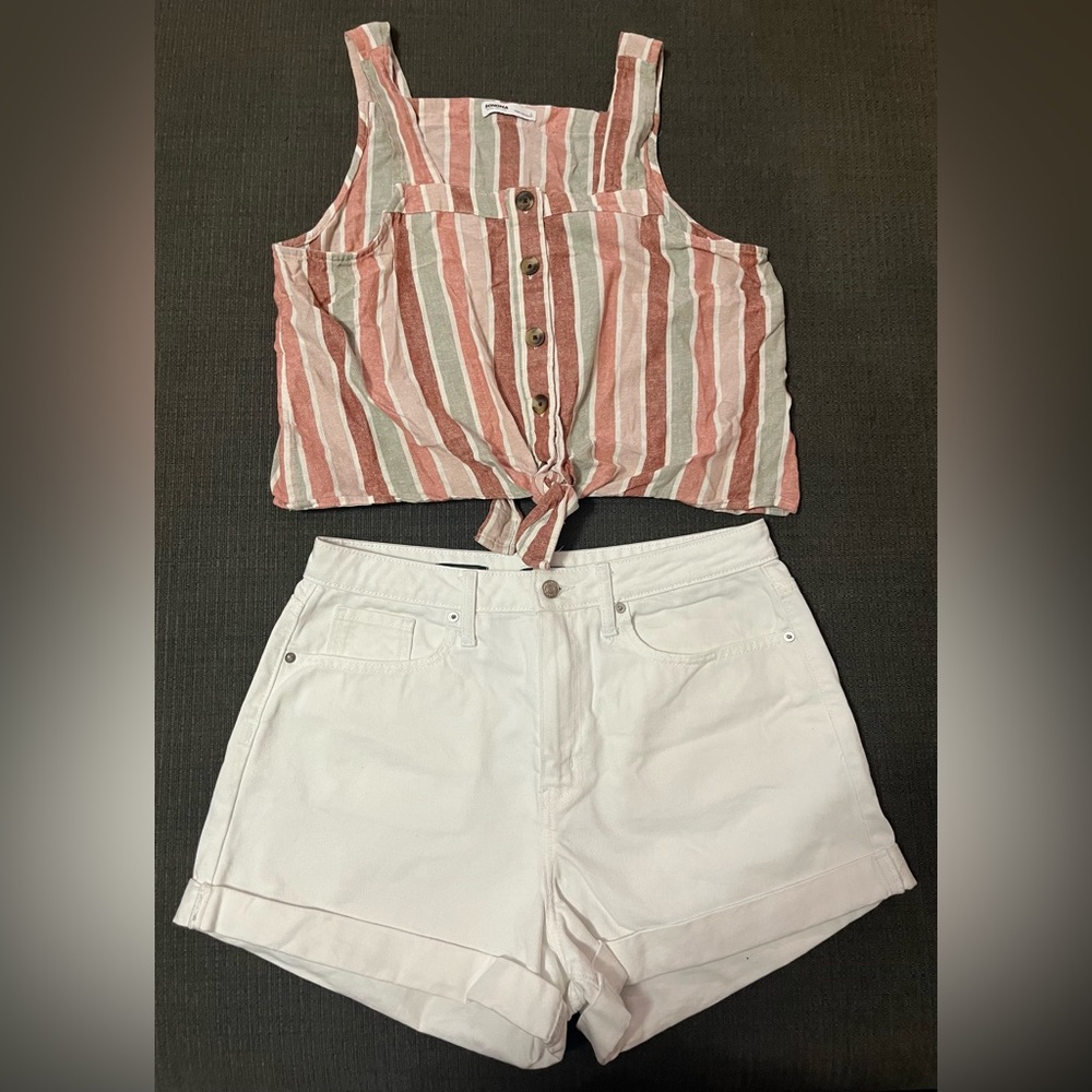 Striped Button-Down Crop Top and White Shorts Set